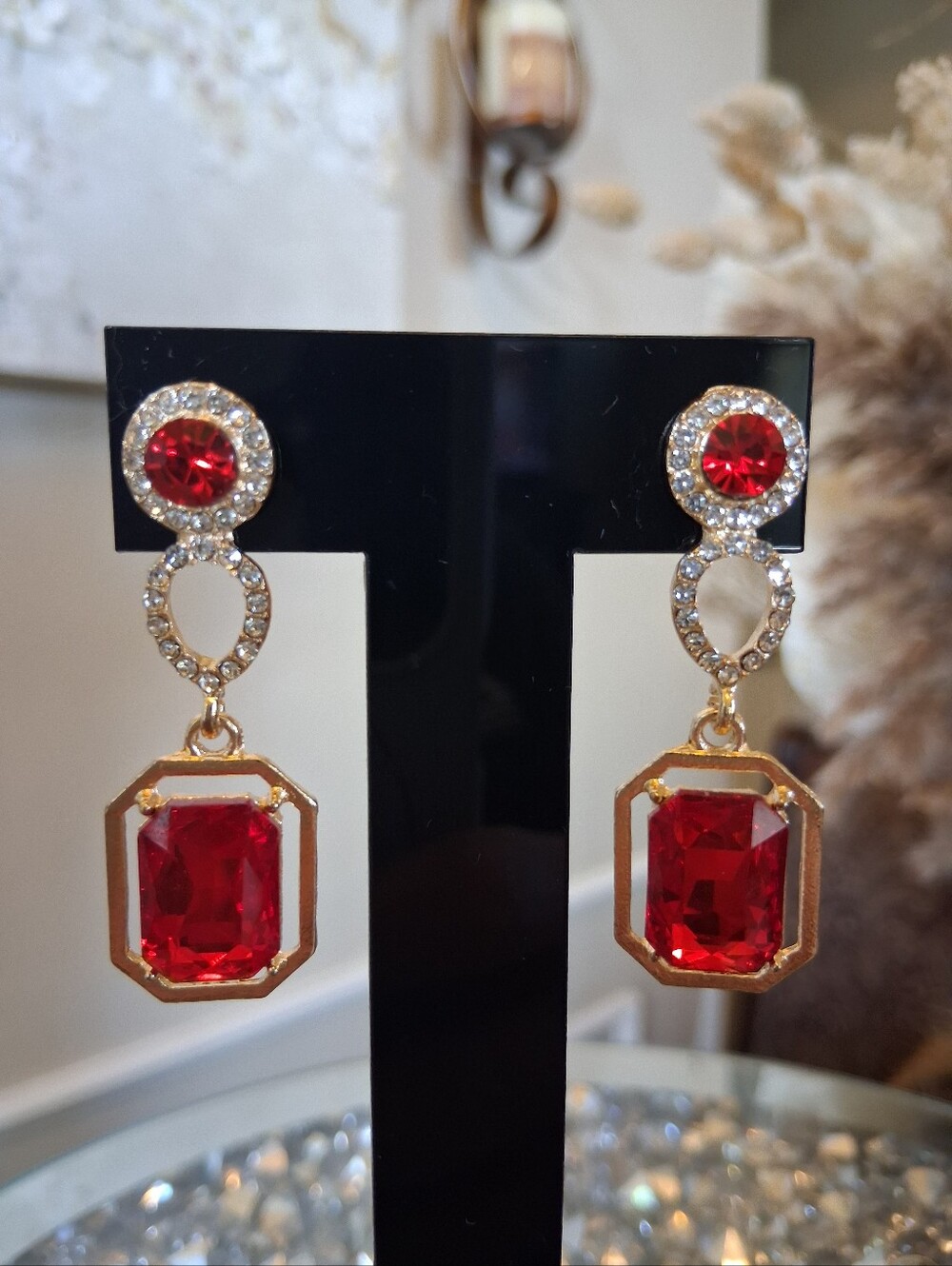 New Women's Red Crystal Drop Gold Statement Cocktail Earrings Jewelry - Picture 6 of 13